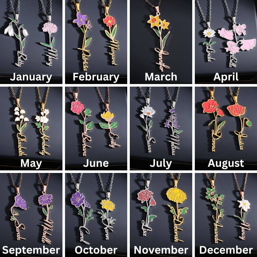 Personalized Birth Flower Name Necklace